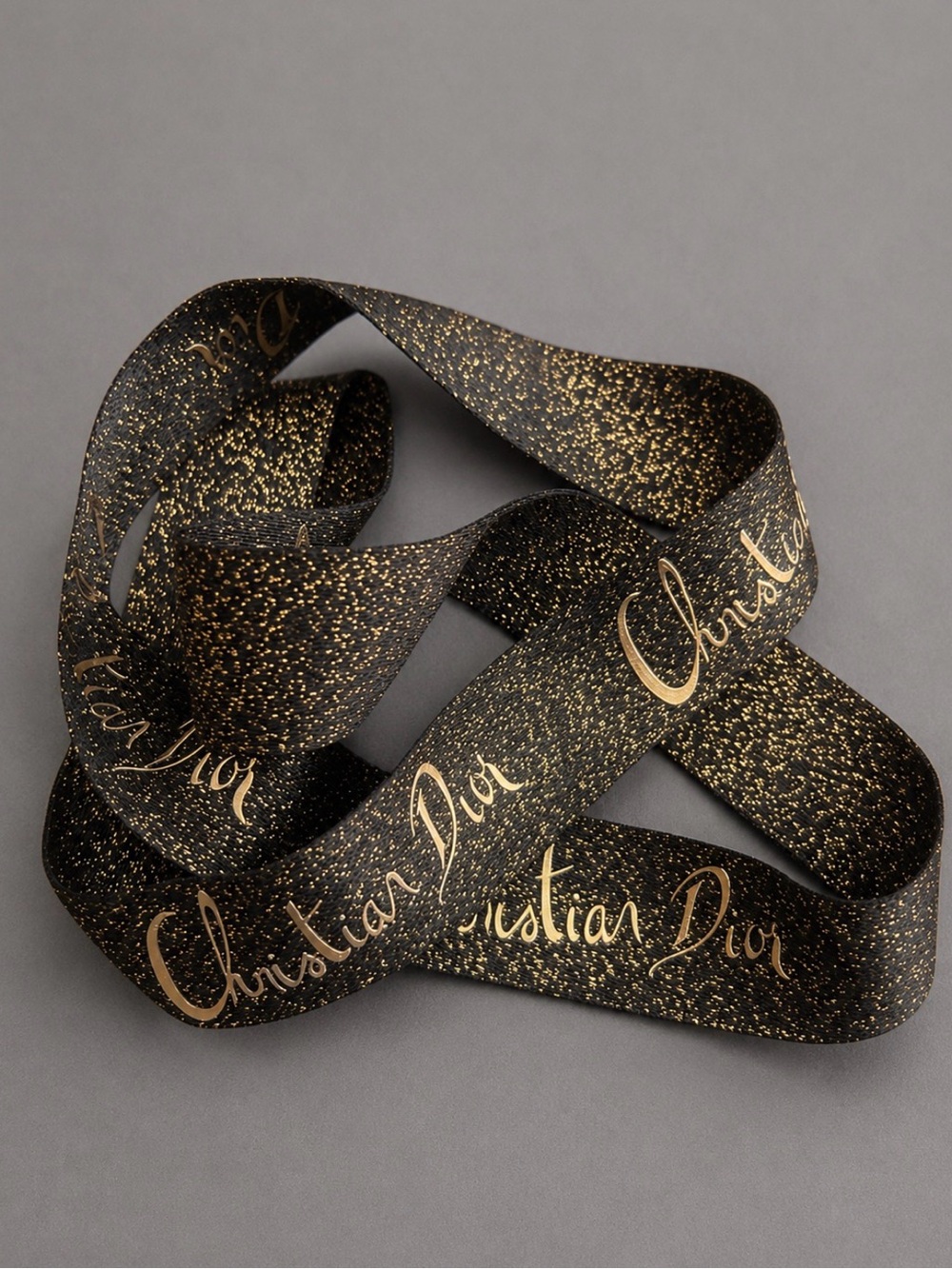 Authentic Christian Dior Black & Gold Glitter Logo Ribbon 29” Holiday Gift Wrap